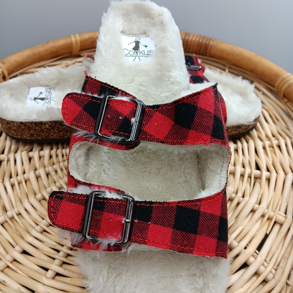 Corkys Red and Black Buffalo Plaid Fur-Lined Slide Sandals